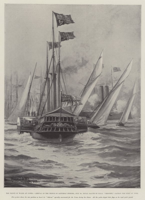 Der Prinz von Wales in Cowes, Ankunft des Prinzen am Samstagabend, 30. Juli, königlicher Salut durch HMS Crescent, Kapitän der Herzog von York von Charles John de Lacy