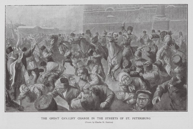 Kavallerie greift eine Menschenmenge in den Straßen von St. Petersburg an, Erste Russische Revolution von Charles Mills (after) Sheldon