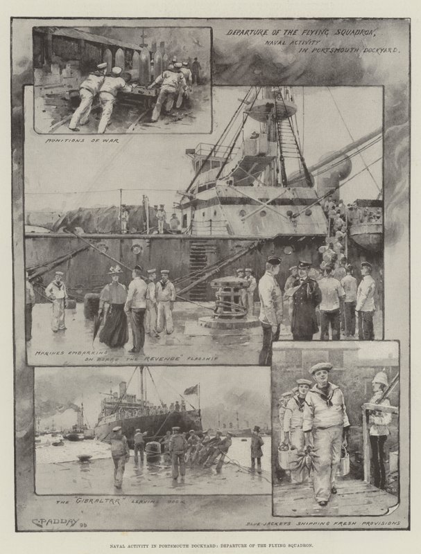Marineaktivität in der Werft von Portsmouth, Abfahrt des Fliegenden Geschwaders von Charles Murray (after) Padday