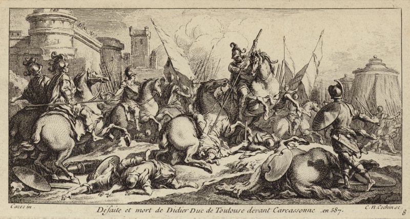 Niederlage und Tod von Didier von Toulouse vor Carcassonne, 587 (Gravur) von Charles Nicolas II Cochin