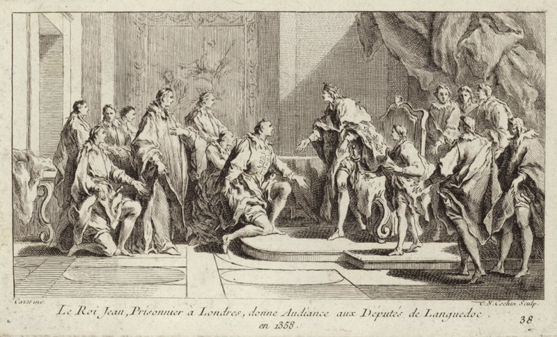 König Johann II. von Frankreich, in London von den Engländern gefangen gehalten, gibt einer Abordnung aus Languedoc eine Audienz von Charles Nicolas II Cochin