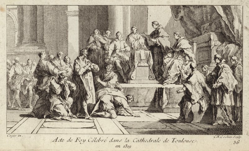 Reuige Katharer bekennen ihren Glauben an die katholische Religion in der Kathedrale von Toulouse, Frankreich von Charles Nicolas II Cochin