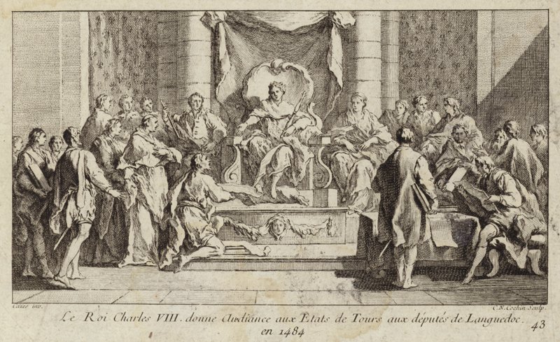 König Karl VIII. von Frankreich hört die Abgeordneten aus Languedoc bei den Generalständen in Tours an von Charles Nicolas II Cochin
