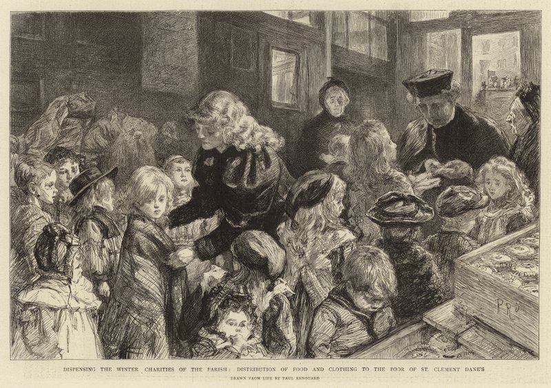 Verteilung der Winterspenden der Gemeinde, Verteilung von Lebensmitteln und Kleidung an die Armen von St. Clement Dane