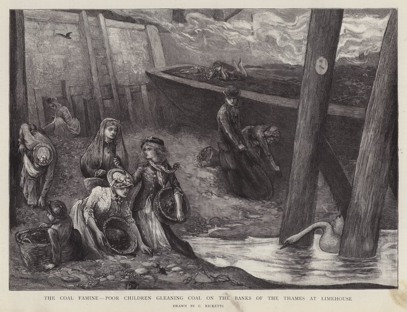 Arme Kinder sammeln Kohlenstücke von den Ufern der Themse in Limehouse, London von Charles Ricketts