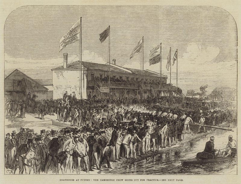 Bootshaus in Putney, die Cambridge-Crew geht zum Training von Sir John Charles Robinson