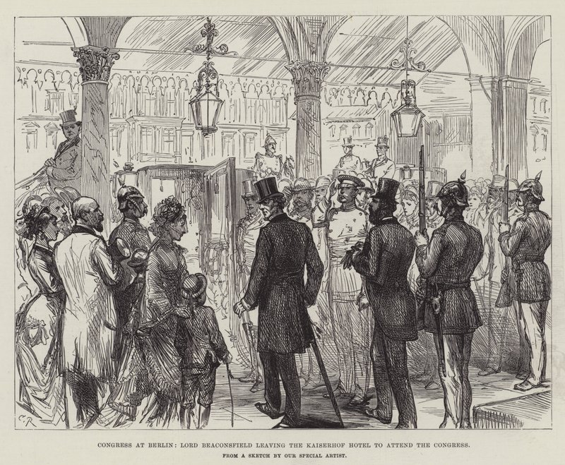 Kongress in Berlin, Lord Beaconsfield verlässt das Kaiserhof Hotel, um den Kongress zu besuchen von Sir John Charles Robinson