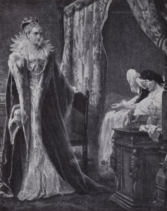 Gräfin von Nottingham bringt den Ring des Earl of Essex zu Königin Elizabeth I. zurück, aber zu spät, um ihn vor der Hinrichtung zu retten (Lithografie) von Charles Soubre