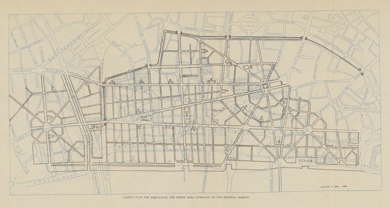 Sir Christopher Wrens Plan zum Wiederaufbau des verbrannten Gebiets überlagert auf den bestehenden Straßen von Christopher Wren