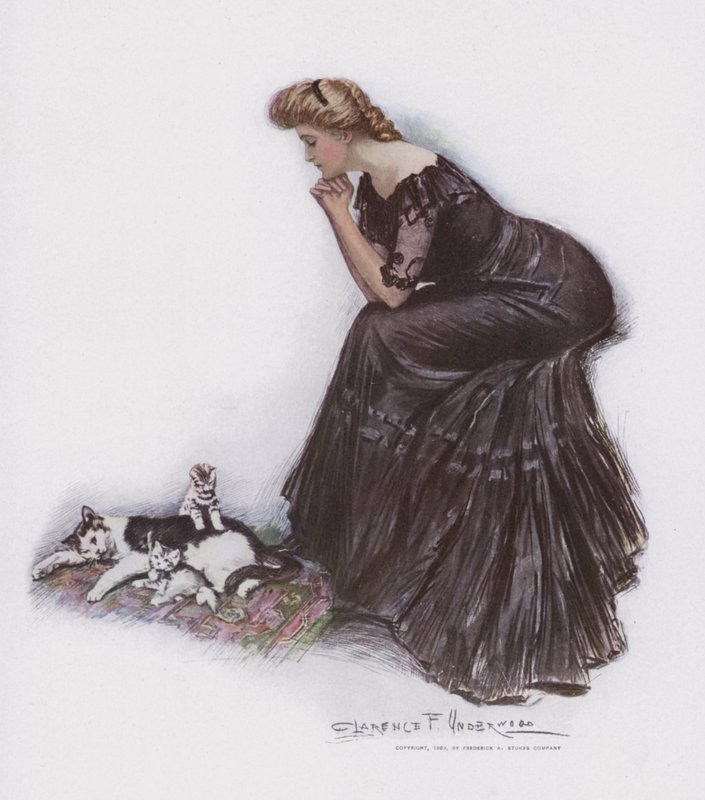 Frau beobachtet eine Katze und ihre Kätzchen von Clarence F. Underwood