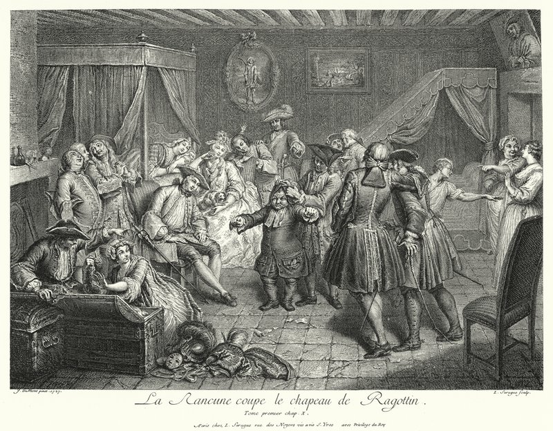 La Rancune schneidet Ragotins Hut ab (Gravur) von Cornelis Engelbrechtsen