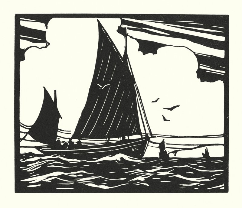 Fischerboote und Lastkähne: Deal Lugger (Holzschnitt) von Cyril A. Wilkinson