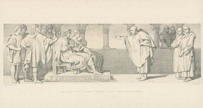 Hugues Maigrot, ein Mönch, hat Audienz bei König Harold, um Bedingungen von Herzog Wilhelm vorzuschlagen von Daniel Maclise