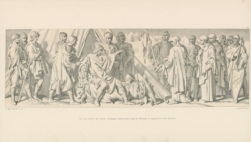 Der Tag vor der Schlacht. Ein Ritter mit Mönchen, von Wilhelm gesandt, um mit Harold zu verhandeln von Daniel Maclise
