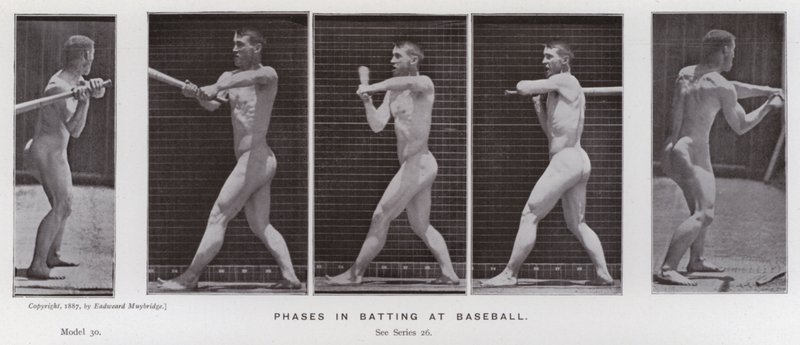Die menschliche Figur in Bewegung: Phasen beim Baseballschlagen von Eadweard Muybridge