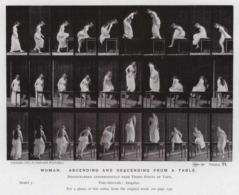 Die menschliche Figur in Bewegung: Frau, die von einem Tisch auf- und absteigt von Eadweard Muybridge