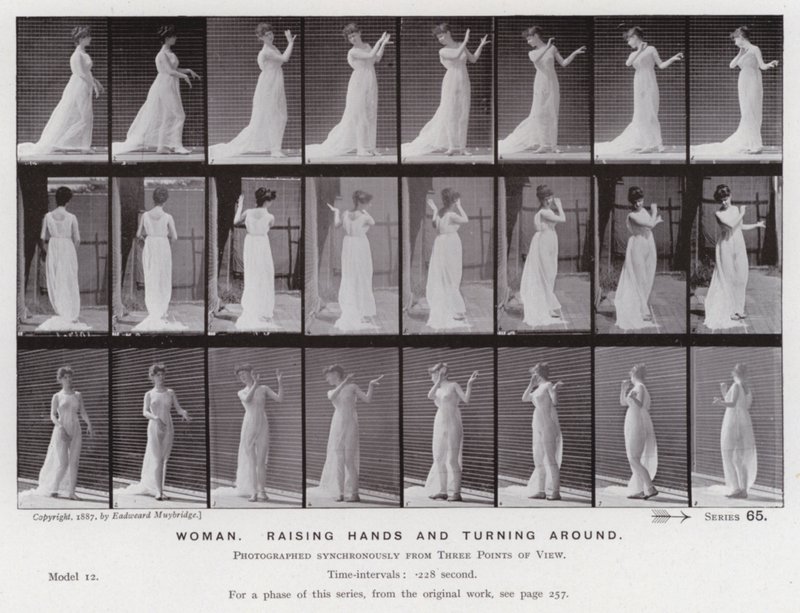 Die menschliche Figur in Bewegung: Frau, hebt die Hände und dreht sich von Eadweard Muybridge