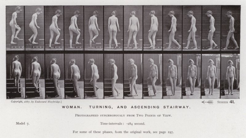 Die menschliche Figur in Bewegung: Frau, drehend und Treppe hinaufsteigend von Eadweard Muybridge