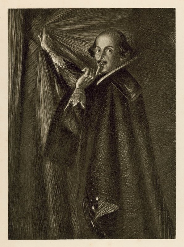 William Shakespeare hält den Vorhang und fordert uns auf, leise zu sein von Edmund Joseph Sullivan