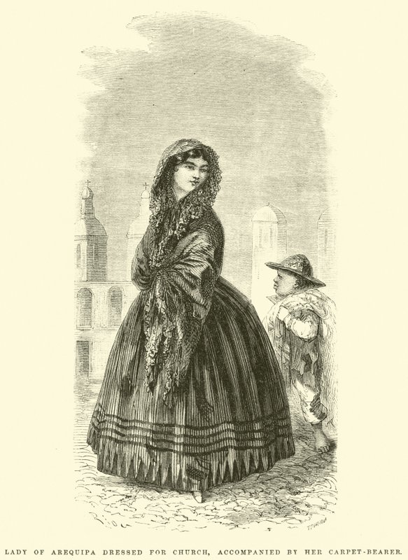 Dame von Arequipa, für die Kirche gekleidet, begleitet von ihrem Teppichträger von Edouard Riou