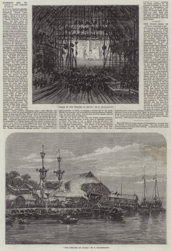 Außen- und Innenansicht des Theaters in Macao von Eduard Hildebrandt