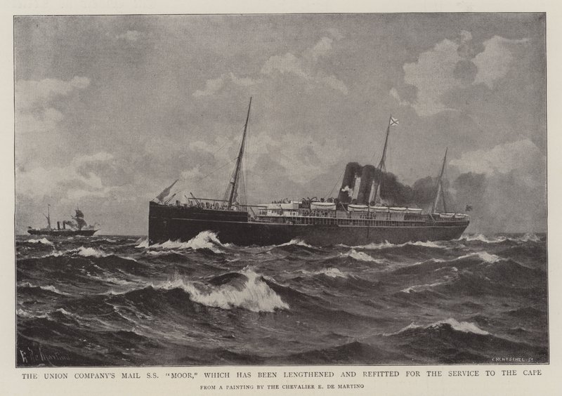Das Postschiff der Union Company SS Moor, das für den Dienst am Kap verlängert und umgerüstet wurde von Eduardo de Martino