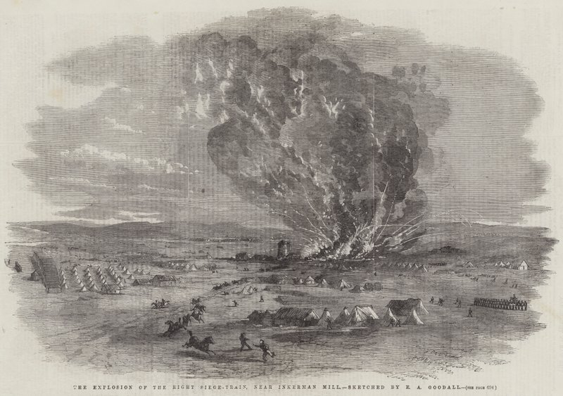 Die Explosion des rechten Belagerungszuges, nahe der Mühle von Inkerman von Edward Angelo Goodall