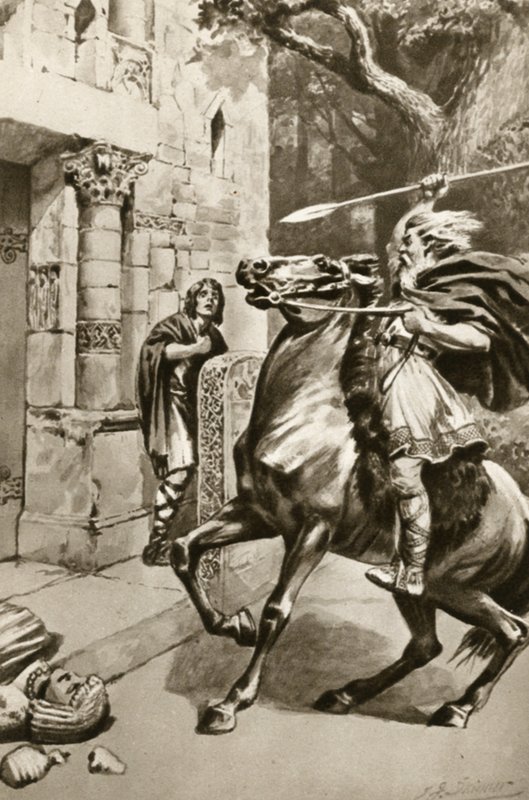 Hohepriester Coifi reitet die Goodmanham Lane hinauf, um die Idole zu zerstören, Illustration aus 