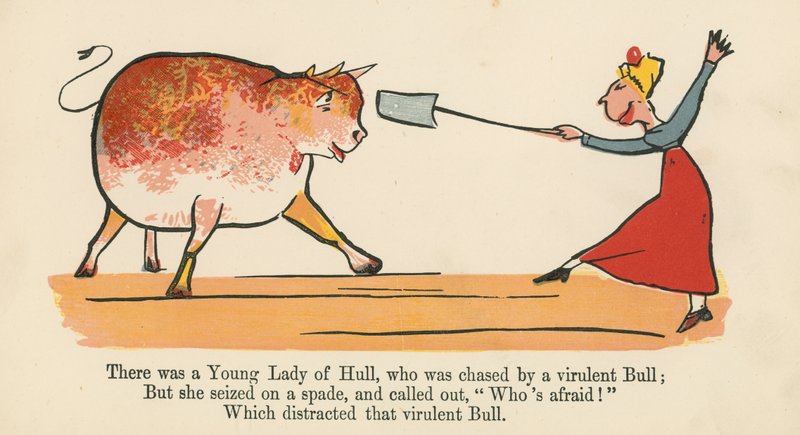 Es war eine junge Dame aus Hull, die von einem virulenten Stier gejagt wurde, aus 