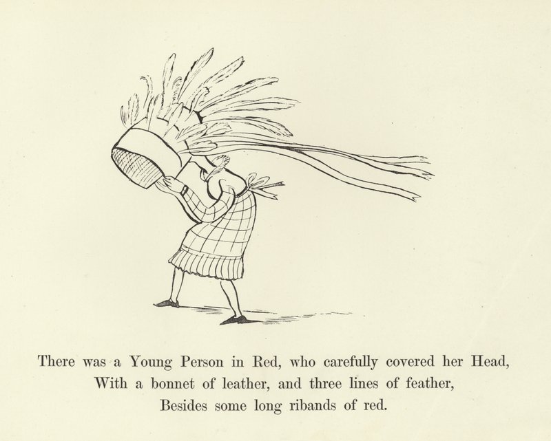 Es war eine junge Person in Rot, die sorgfältig ihren Kopf bedeckte von Edward Lear