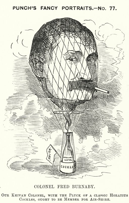 Punch-Karikatur: Frederick Burnaby, britischer Armee-Geheimdienstoffizier und Ballonfahrer (Gravur) von Edward Linley (after) Sambourne
