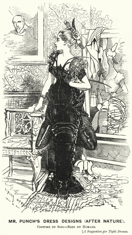 Punch-Karikatur: Mr. Punchs Kleiderentwürfe (Nach der Natur) - Hummerkleid (Stich) von Edward Linley (after) Sambourne