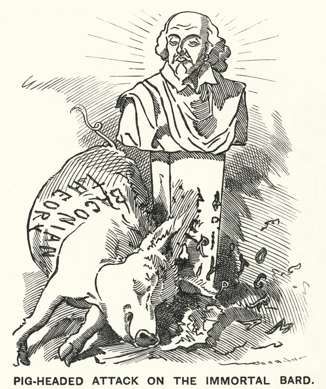 Karikatur: Sturköpfiger Angriff auf den unsterblichen Barden - die Theorie, dass die Stücke von William Shakespeare tatsächlich von Sir Francis Bacon geschrieben wurden (Gravur) von Edward Linley (after) Sambourne