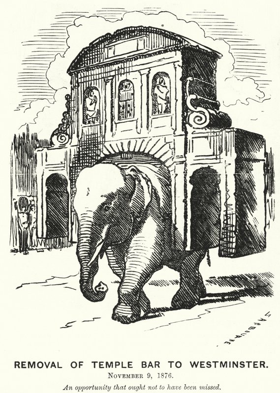 Punch-Karikatur: Entfernung von Temple Bar nach Westminster von Edward Linley (after) Sambourne