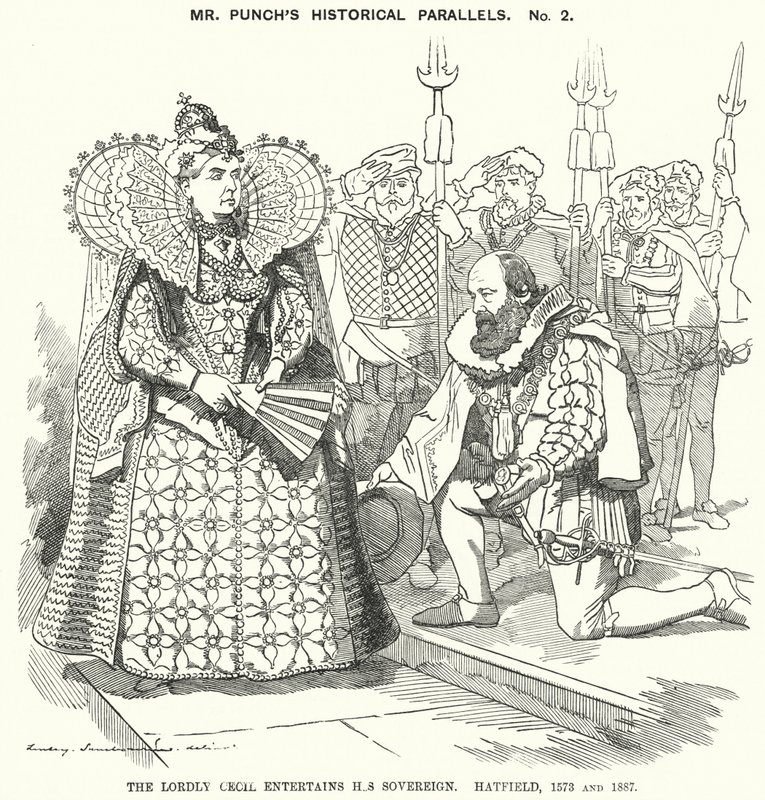 Punch-Karikatur: Der herrschaftliche Cecil unterhält seinen Souverän, Hatfield von Edward Linley (after) Sambourne