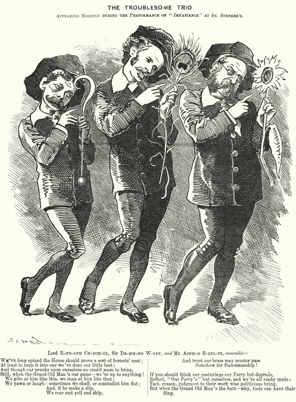 Das lästige Trio: Lord Randolph Churchill, Henry Drummond Wolff und Ellis Ashmead-Bartlett, britische konservative Politiker (Karikatur) von Edward Linley (after) Sambourne