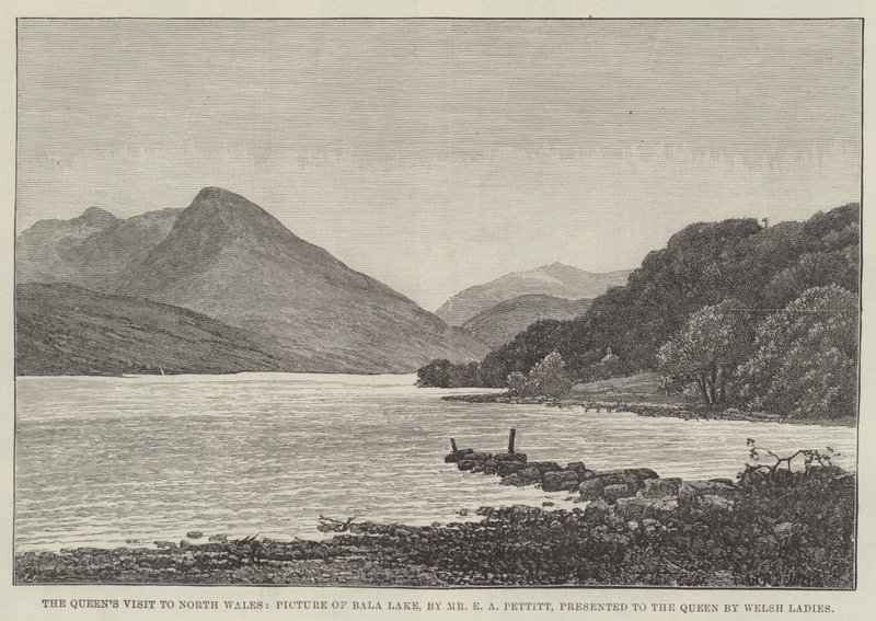 Der Besuch der Königin in Nordwales, Bild des Bala-Sees, der Königin von walisischen Damen überreicht von Edwin Pettitt