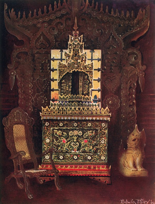 Asiatische Möbel aus der Sammlung von Lord Curzon von Kedleston, G.C.S.I., D.C.L., etc. Burmesisches geschnitztes und vergoldetes Türportal aus Mandalay. Buddhistische Manuskriptbox (Poongyi) und Schrein (Sadaik) aus Holz von Edwin John Foley