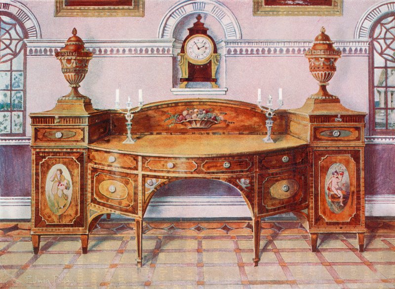 Bemalter und eingelegter Satinholz-Sideboard. Mahagoni-Konsolenuhr von Edwin John Foley
