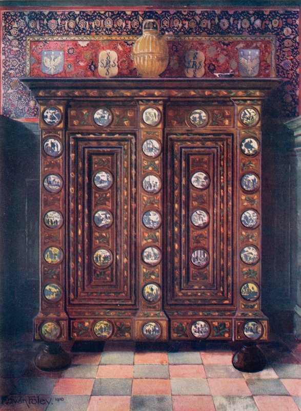 Walnuss-Kas mit eingelegten und bemalten Medaillons von Delfter Ware von Edwin John Foley