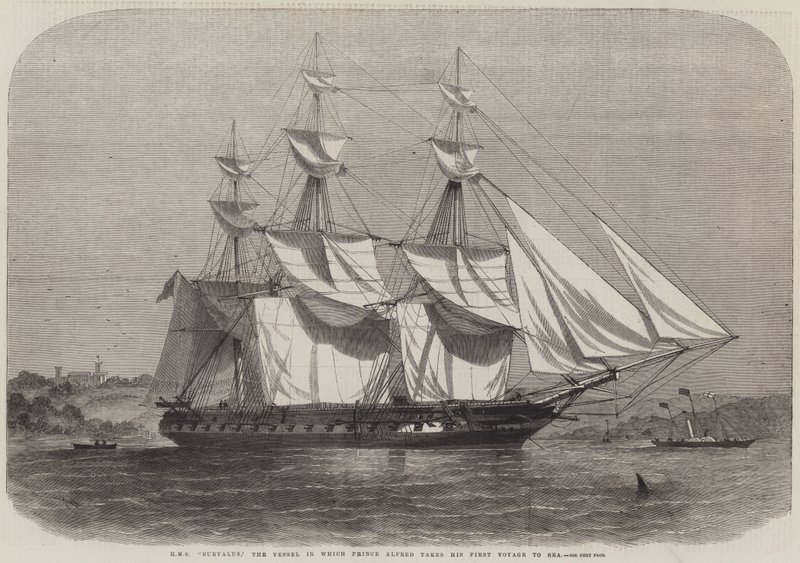 HMS Euryalus, das Schiff, auf dem Prinz Alfred seine erste Seereise unternimmt von Edwin Weedon