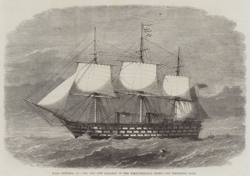 HMS Victoria, 102 Kanonen, das neue Flaggschiff der Mittelmeerflotte von Edwin Weedon