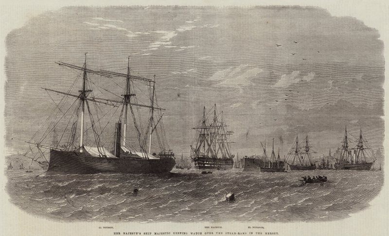 Ihr Majestäts Schiff Majestic hält Wache über die Dampframmen in der Mersey von Edwin Weedon
