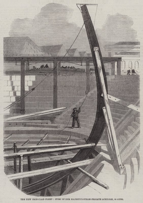 Die neue gepanzerte Flotte, Bug der Dampffregatte Ihrer Majestät Achilles, 50 Kanonen von Edwin Weedon