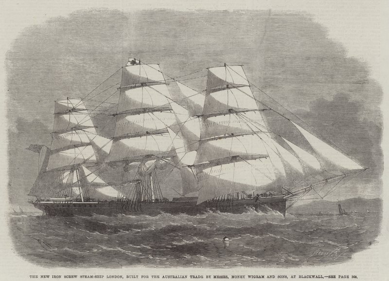 Das neue eiserne Schraubendampfschiff London, gebaut für den australischen Handel von Messers Money Wigram und Sons, in Blackwall von Edwin Weedon