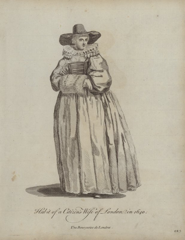 Kleidung einer Bürgerfrau aus London im Jahr 1640 von English School
