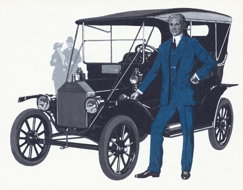 Henry Ford mit dem berühmten Modell T, das den Namen und das Vermögen von Ford machte von English School