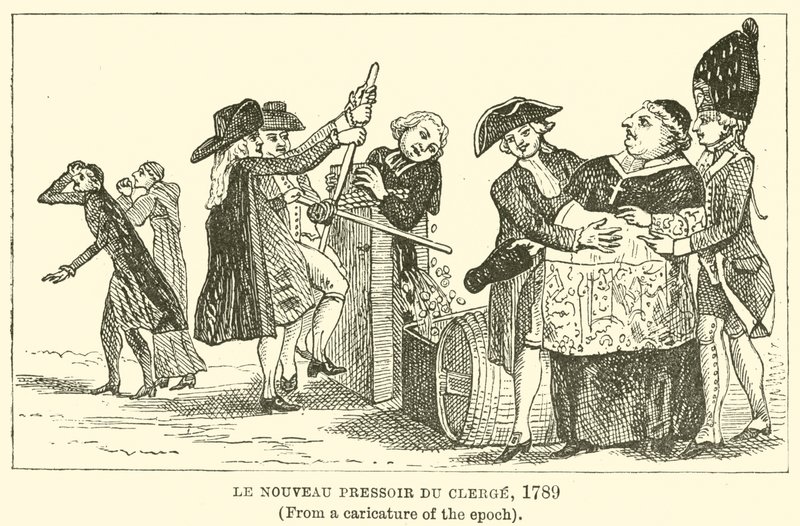 Le Nouveau Pressoir du Clergé, 1789, (aus einer Karikatur der Epoche) von English School