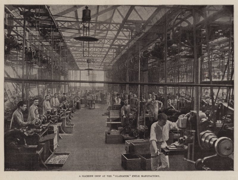 Eine Maschinenwerkstatt in der Gladiator-Fahrradfabrik von English Photographer