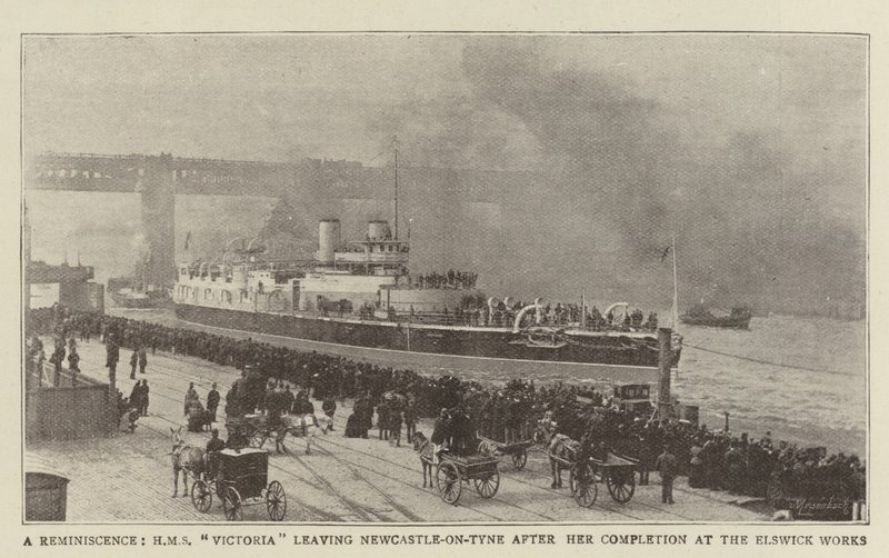 Eine Erinnerung, HMS Victoria verlässt Newcastle-on-Tyne nach ihrer Fertigstellung in den Elswick-Werken von English Photographer